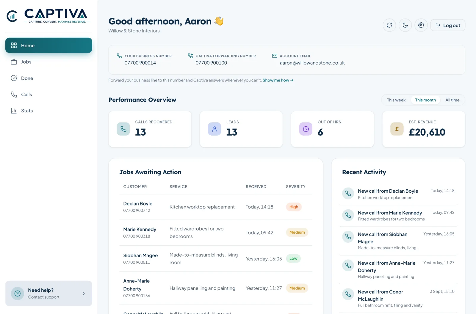 The Captiva web dashboard for the same business: calls recovered, leads, out-of-hours calls and estimated revenue, with the jobs awaiting action and recent activity